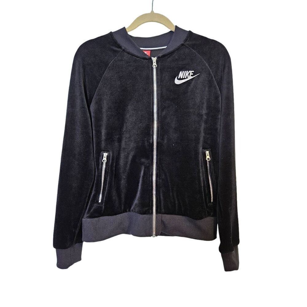 Nike black velour athletic zip up jacket with white embroidered logo. Size S.
